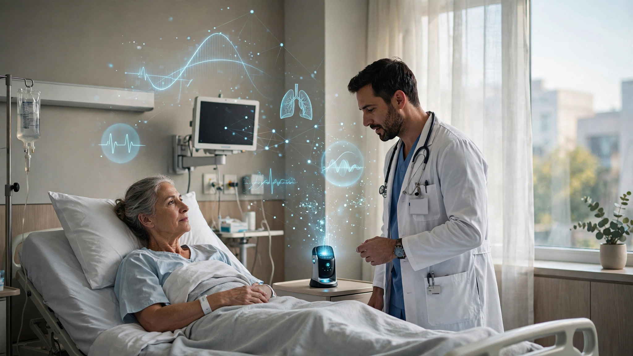 A doctor consulting a patient in a hospital room while an ambient AI scribe device transcribes their conversation