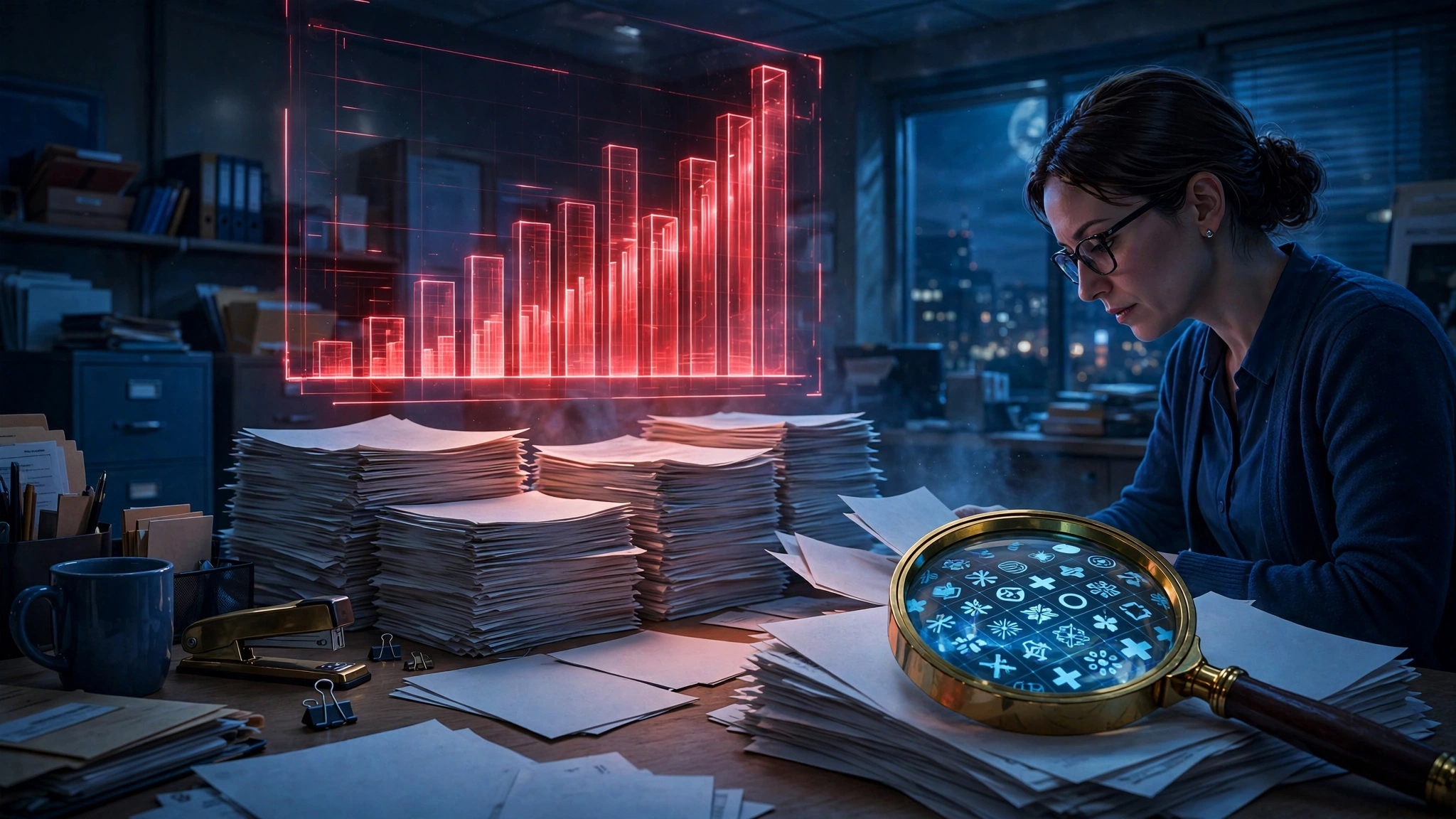 A billing analyst reviewing stacks of insurance claims under a rising cost chart, with a magnifying glass over hidden diagnosis codes