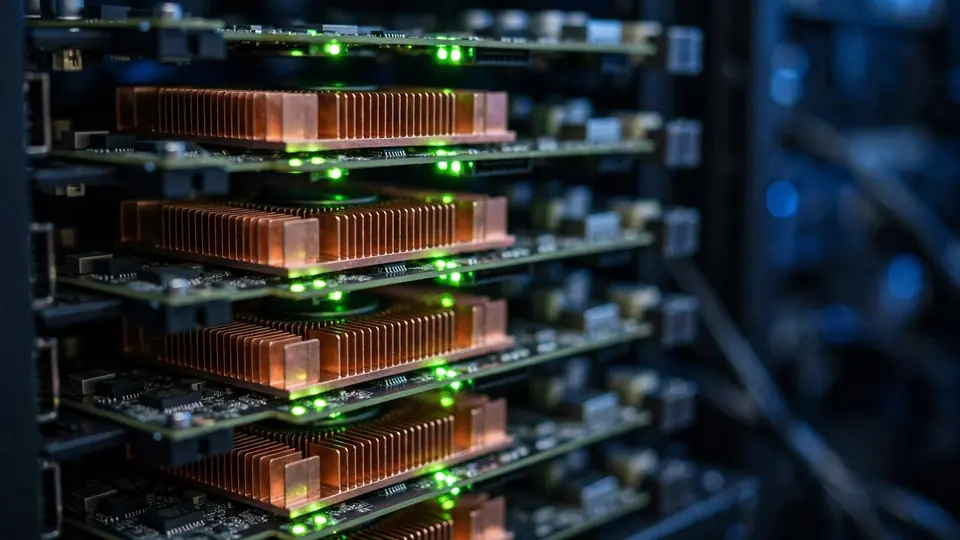Close-up of AI accelerator GPU server blades with copper heat sinks and glowing status LEDs inside a dark server rack.