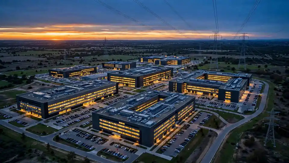 Aerial dusk view of a large data center campus with glowing buildings under a deep blue sky.