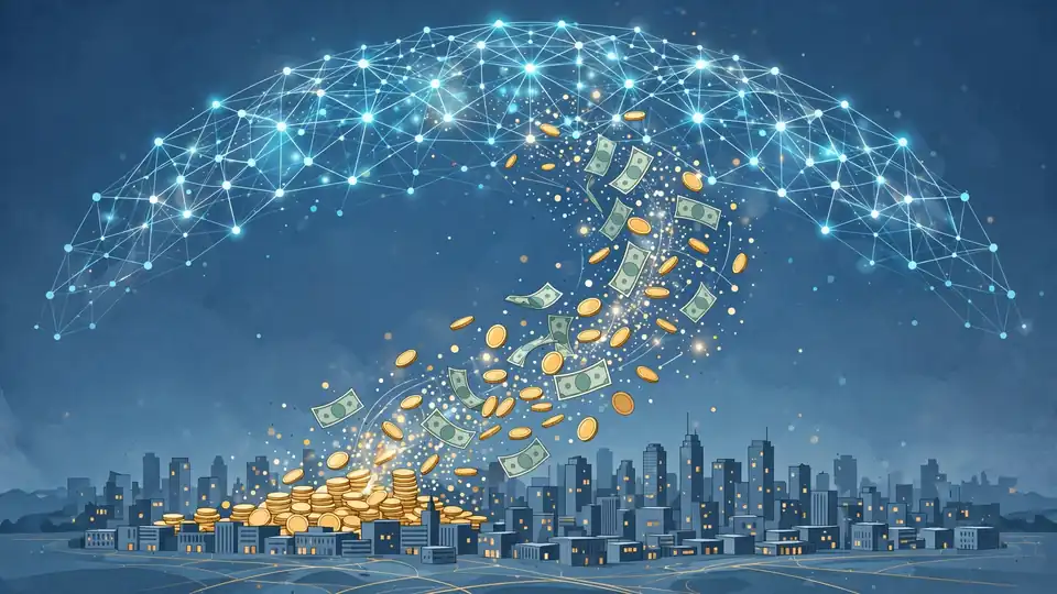 Coins rising into a glowing neural network, representing venture capital flowing into AI startups
