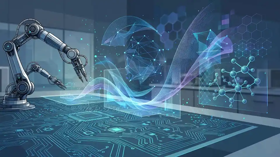 Abstract deeptech laboratory with robotic arms and circuit patterns