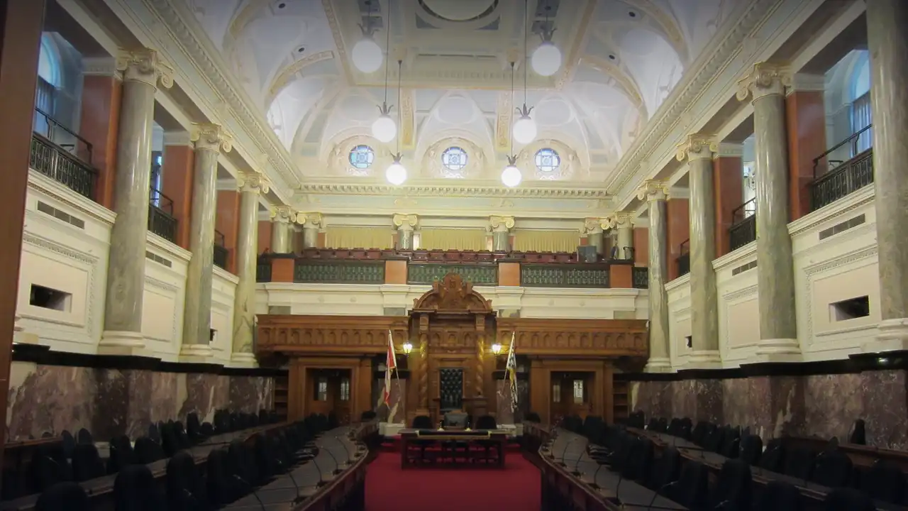 The legislative chamber of the British Columbia Parliament Buildings in Victoria