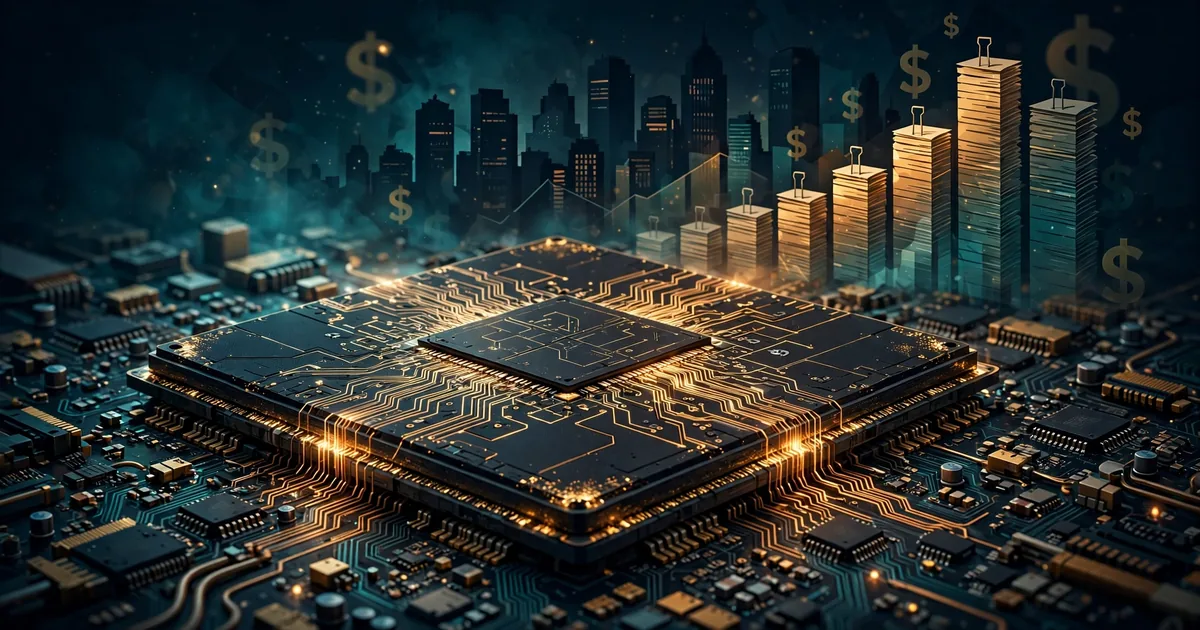 An AI accelerator chip on a circuit board with finance and debt motifs rising behind it