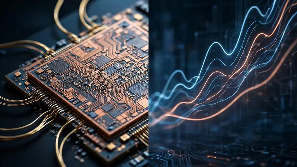 An AI chip die beside rising financial chart lines — the $42B senior and $18B junior tranches