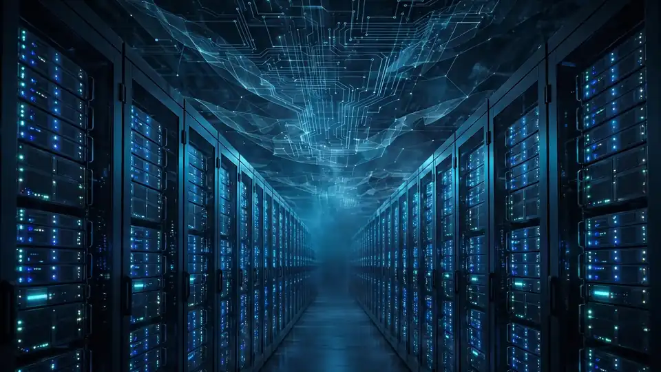 Rows of glowing AI data center server racks — the compute this financing is meant to build