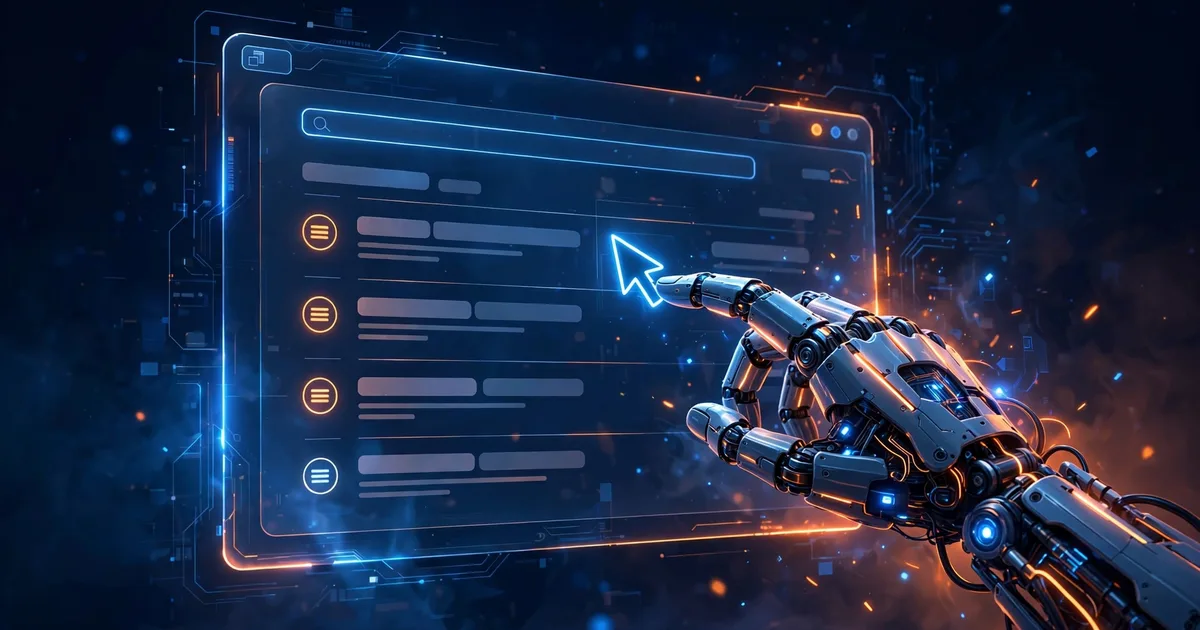 A robotic hand guiding a glowing cursor across a web browser window