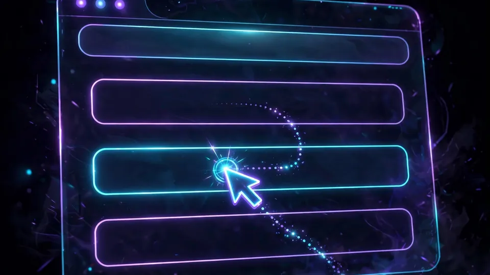 A glowing cursor tracing a dotted path of planned clicks across a dark browser window