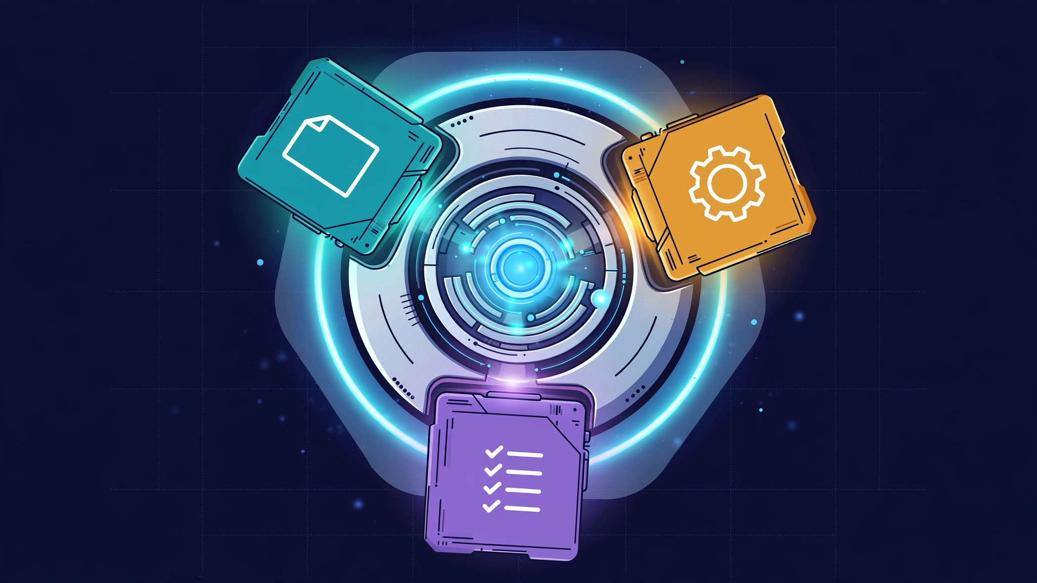 AI-generated editorial illustration: modular skill folders in teal, amber, and violet docking like cartridges into a glowing central AI core