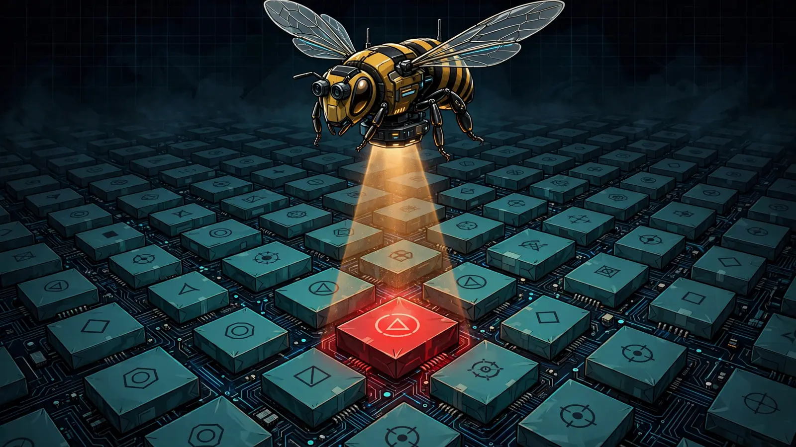 Editorial illustration: a honeybee-shaped scanner drone shines an amber beam over a grid of software package boxes, highlighting one compromised package glowing red