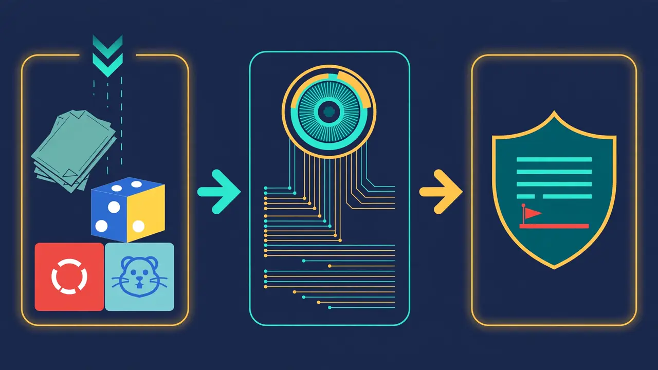 Conceptual diagram: lockfiles and package metadata flow into a scanner lens that emits structured data lines, ending in a shield flagging one matching record