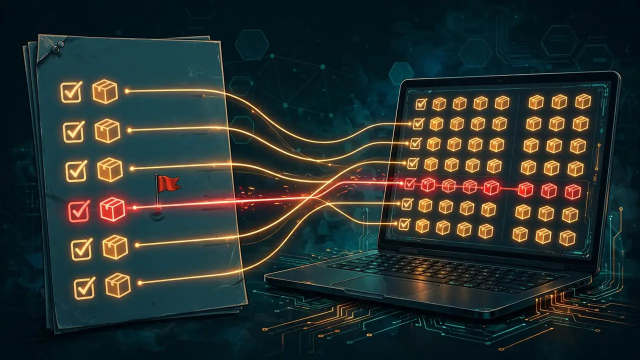 Conceptual illustration: an advisory dossier of package entries matched by glowing lines against packages on a developer laptop, one match flagged red