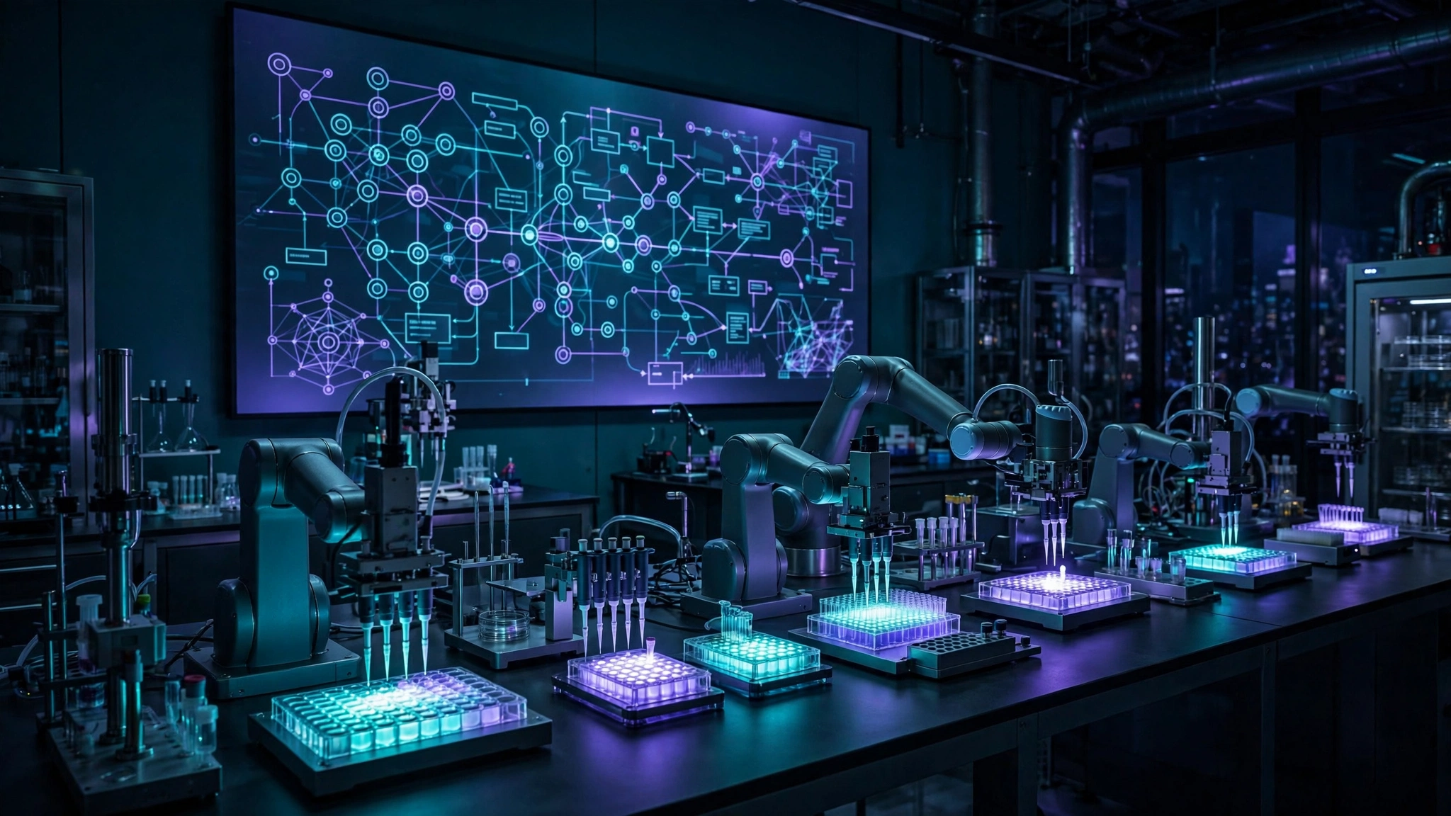AI-generated illustration of an automated research lab at night: robotic arms pipetting over glowing well plates under a wall display of experiment diagrams