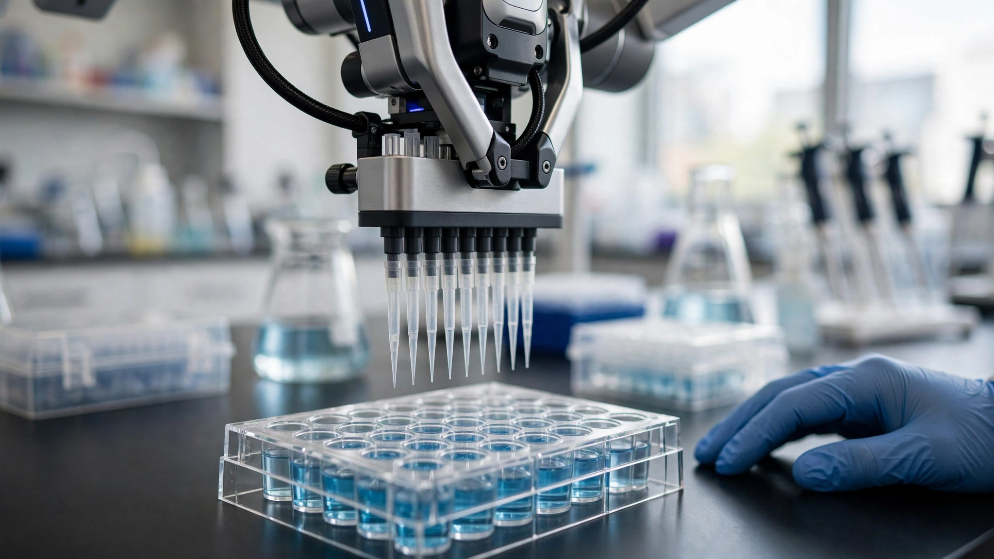 AI-generated illustration: a robotic pipetting arm working over a well plate while a scientist watches nearby