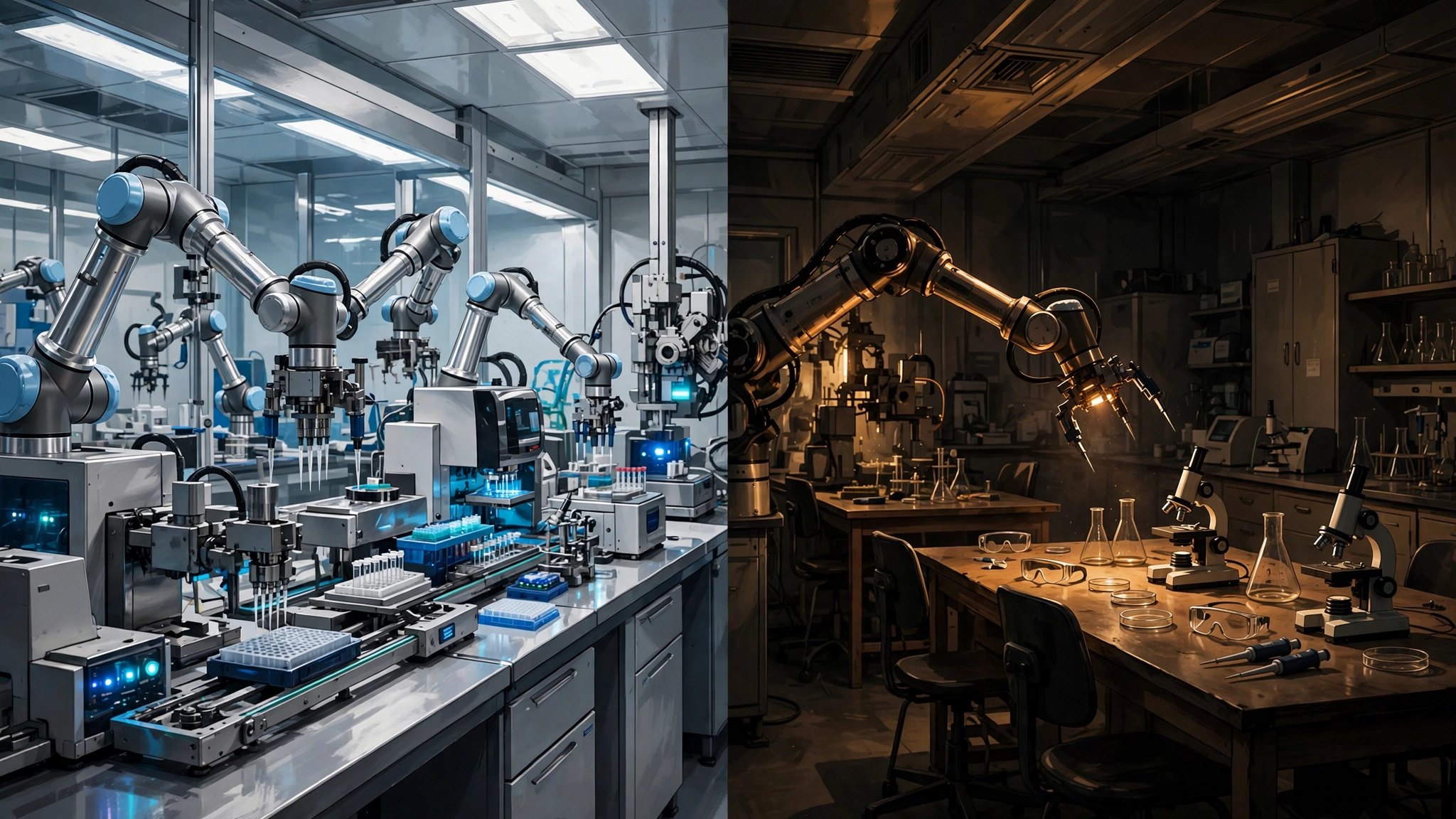 AI-generated illustration: a split view of an automated instrument bay beside an empty human-scale lab bench
