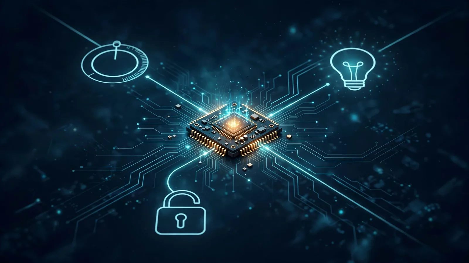 Editorial illustration: a tiny glowing microcontroller chip connected by luminous circuit traces to floating icons of a thermostat dial, a light bulb and a padlock