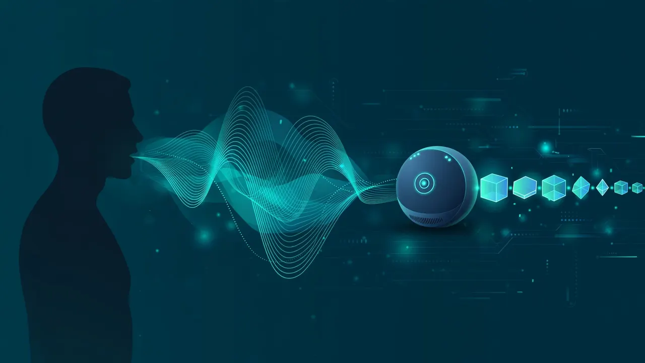 Editorial illustration: sound waves flow from a human silhouette into a small home-assistant robot, which emits a neat row of glowing structured data blocks
