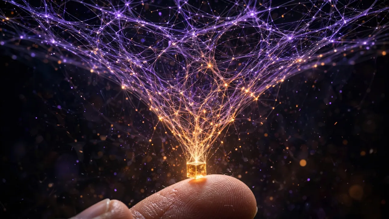 Editorial illustration: a vast glowing neural network funneling down into a tiny luminous cube balanced on a fingertip