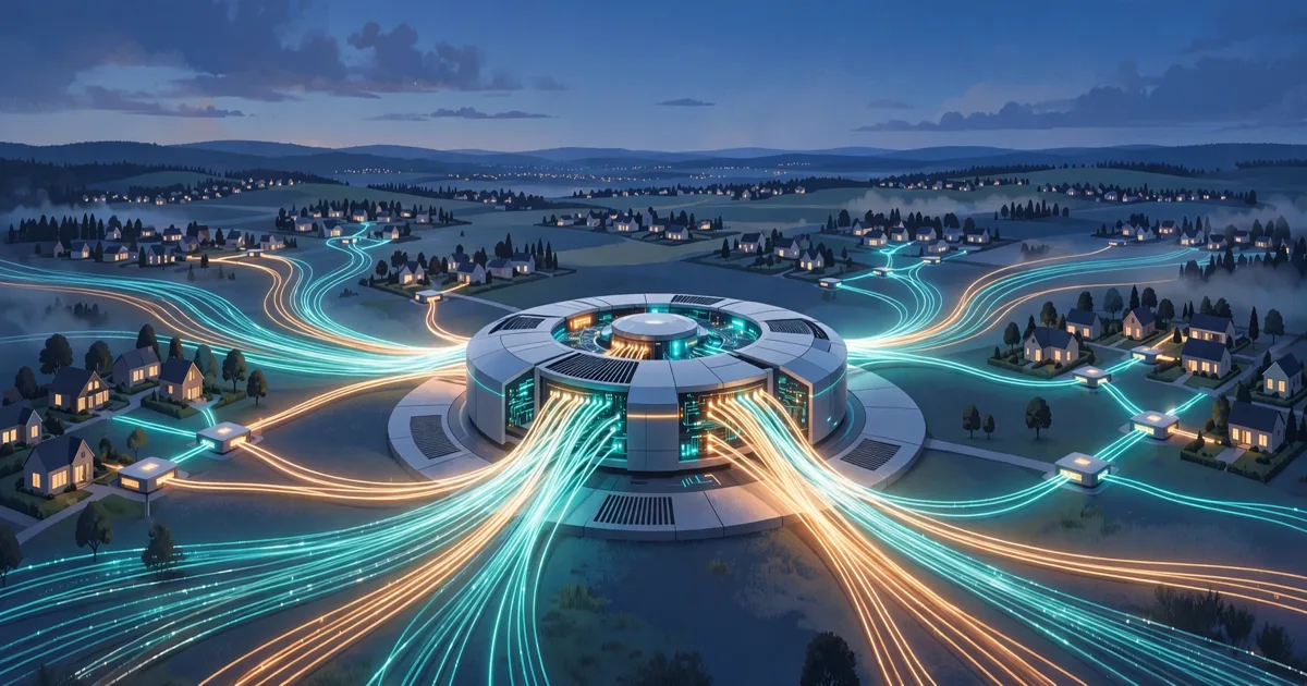 Glowing fiber-optic cables converging into a broadband network hub, with light flowing toward neighborhood nodes and homes