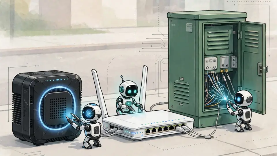 Small specialist AI modules beside a home router and a street fiber cabinet, each tending one piece of network equipment