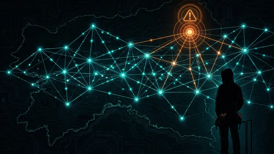 A broadband network map with glowing nodes and one connection flagged for troubleshooting