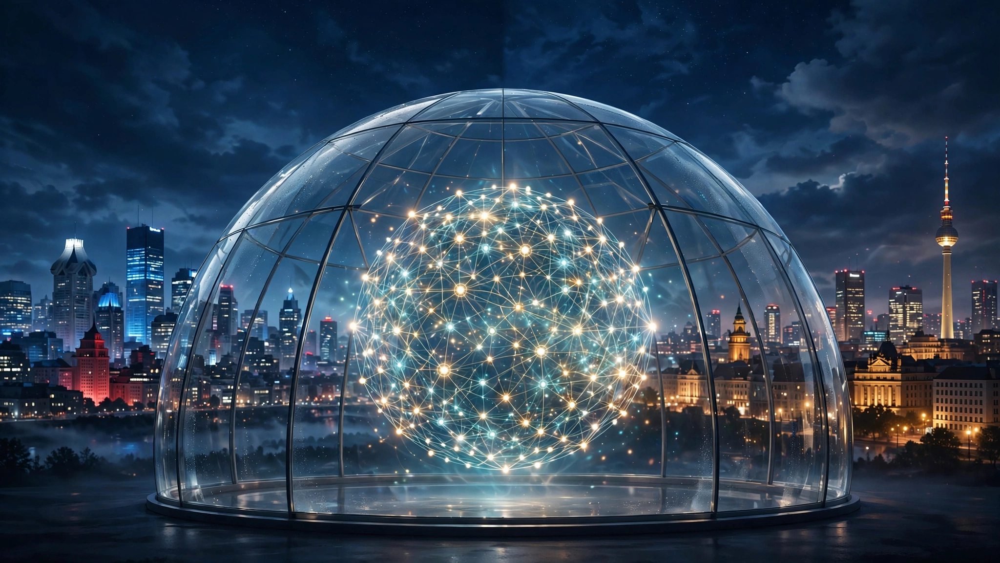 Editorial illustration of a glowing neural-network sphere inside a transparent glass dome, with the Montreal and Berlin skylines converging behind it