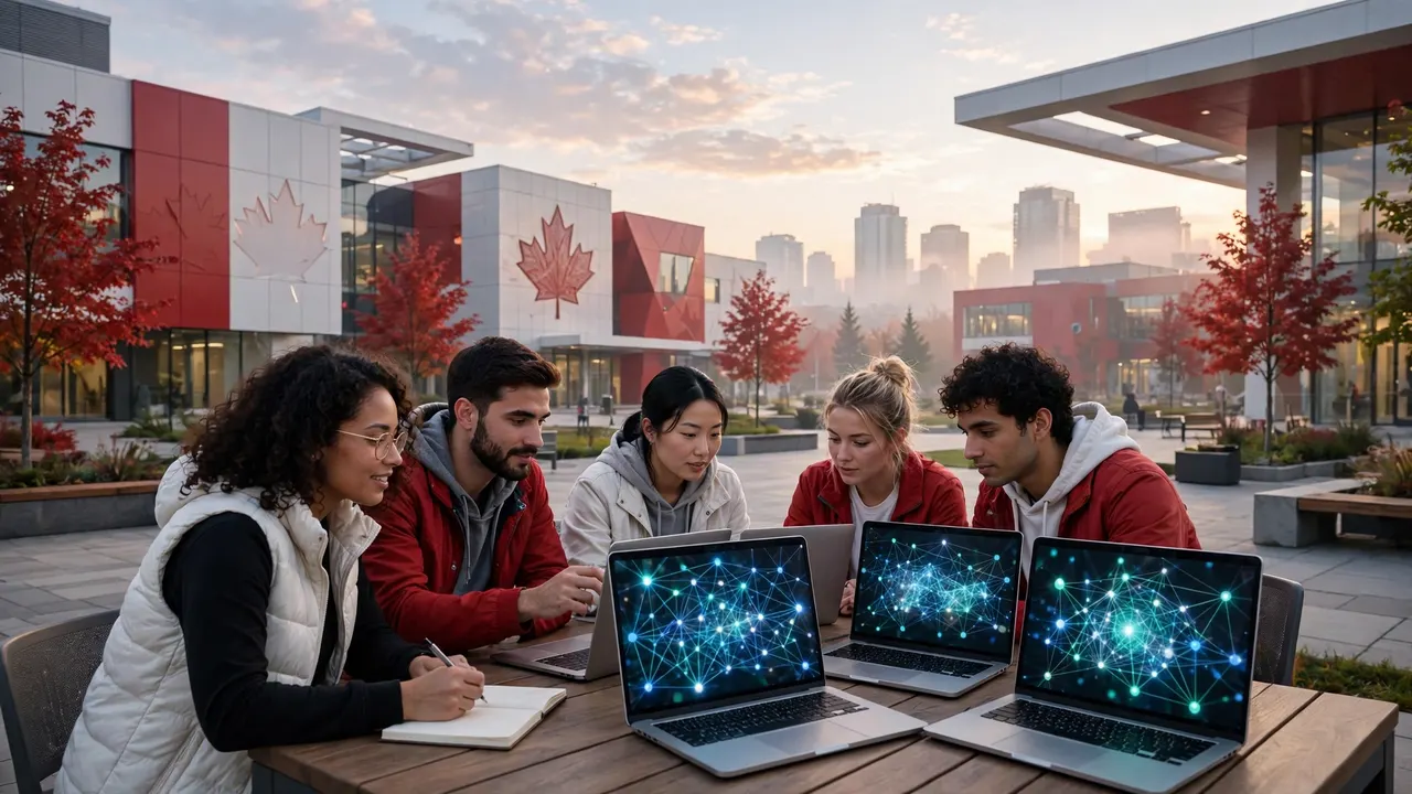 Young professionals collaborating with AI systems at a modern Canadian tech campus at dawn