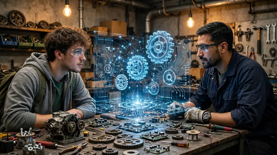 A student intern and an engineer studying an AI systems display on a workshop workbench