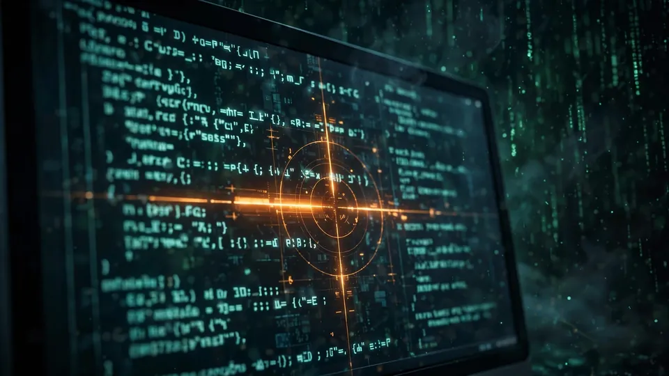 Editorial illustration of glowing source code with a crosshair locked onto a highlighted vulnerable line
