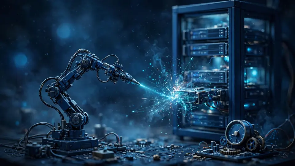 Editorial illustration of an automated exploit-verification pipeline scanning a glowing server rack