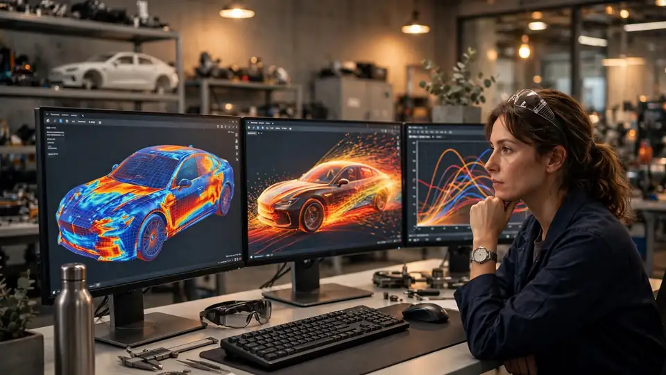An automotive engineer reviewing AI-assisted vehicle design simulations on large monitors in an R&D lab