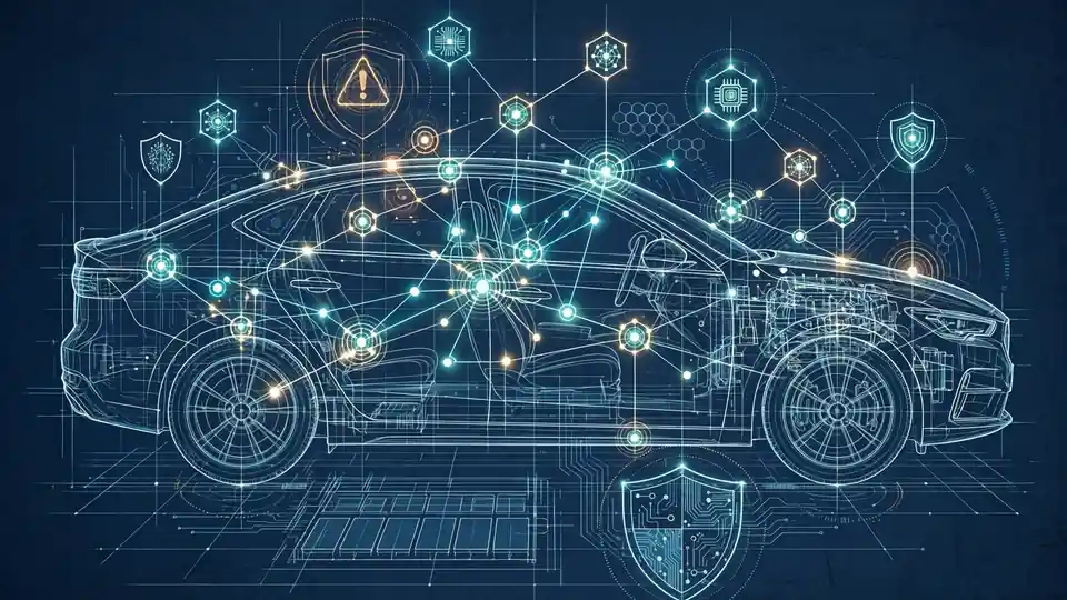 Conceptual illustration of a glowing AI agent network overlaid on a car blueprint with safety and governance motifs