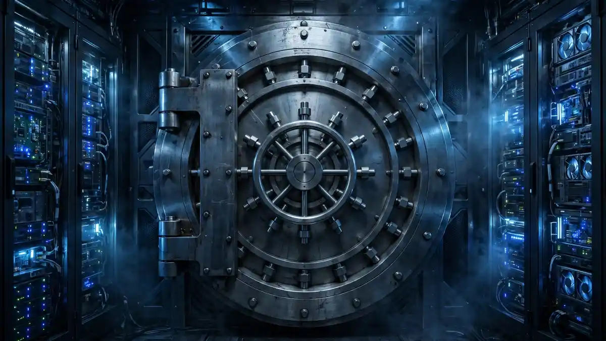 A closed vault door inside a data center