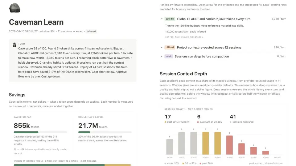 A caveman learn report: 41 sessions scanned, 855k tokens saved, token sinks ranked biggest first with suggested fixes