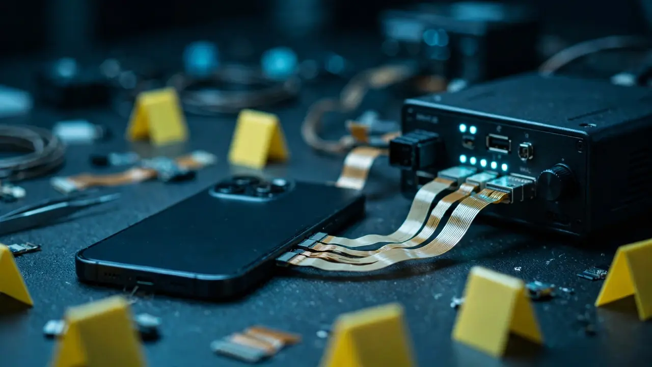 A smartphone connected to forensic extraction hardware in a digital forensics lab