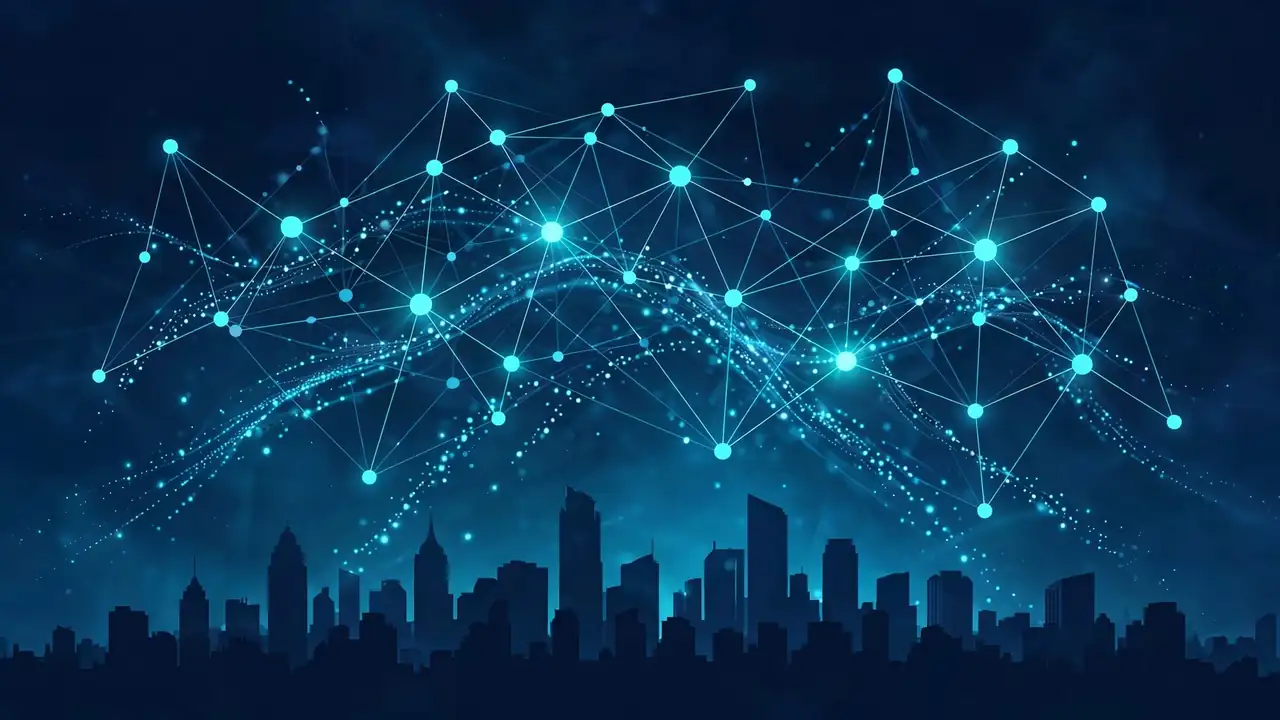 An AI neural network glowing over a city skyline, representing agentic investigation