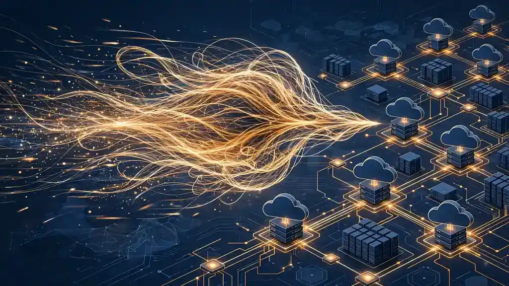 Flowing golden light threads racing toward a network of cloud servers