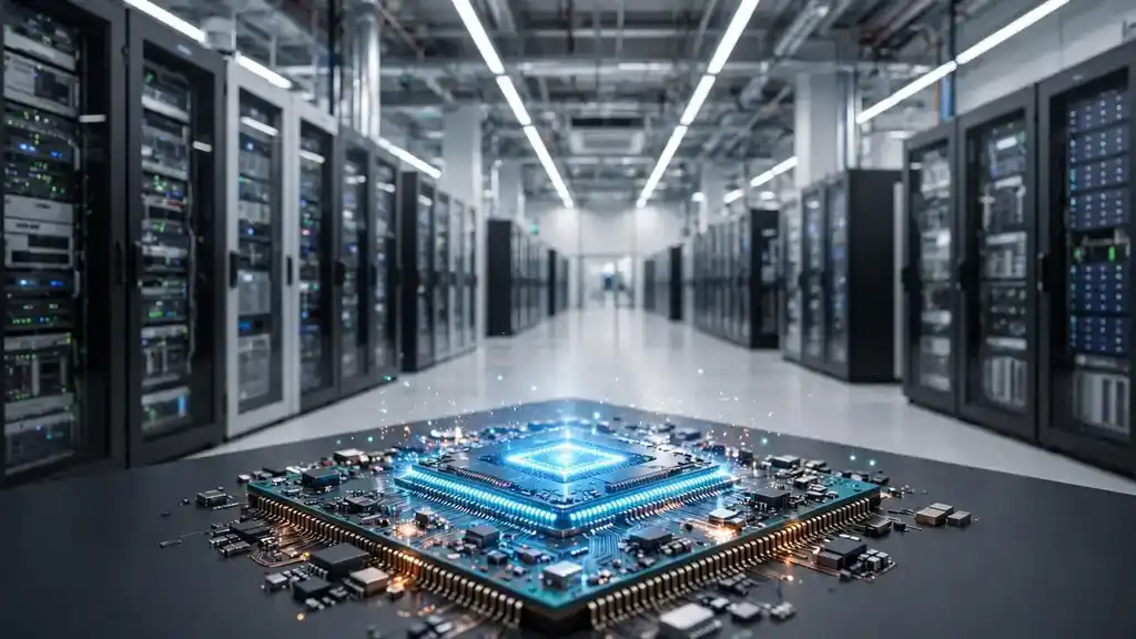 A glowing processor chip on a circuit board in a bright cloud data center hall
