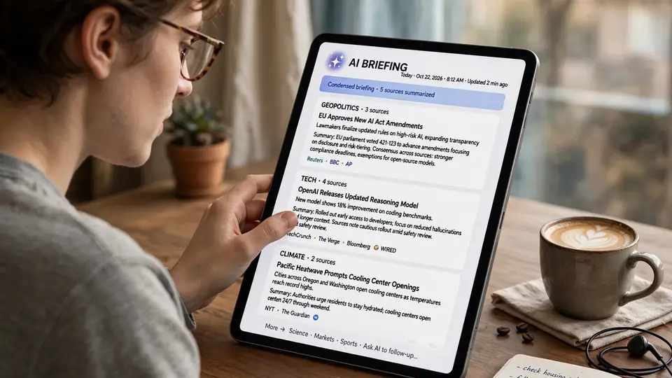 A reader scrolling through an AI-generated news briefing app on a tablet with condensed headlines
