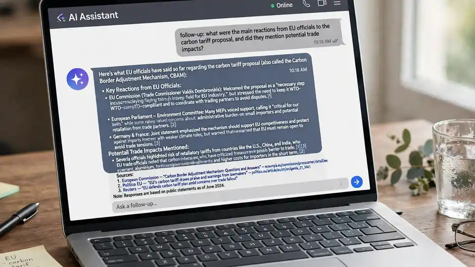 A laptop showing a chat window where an AI assistant answers a news question with cited sources