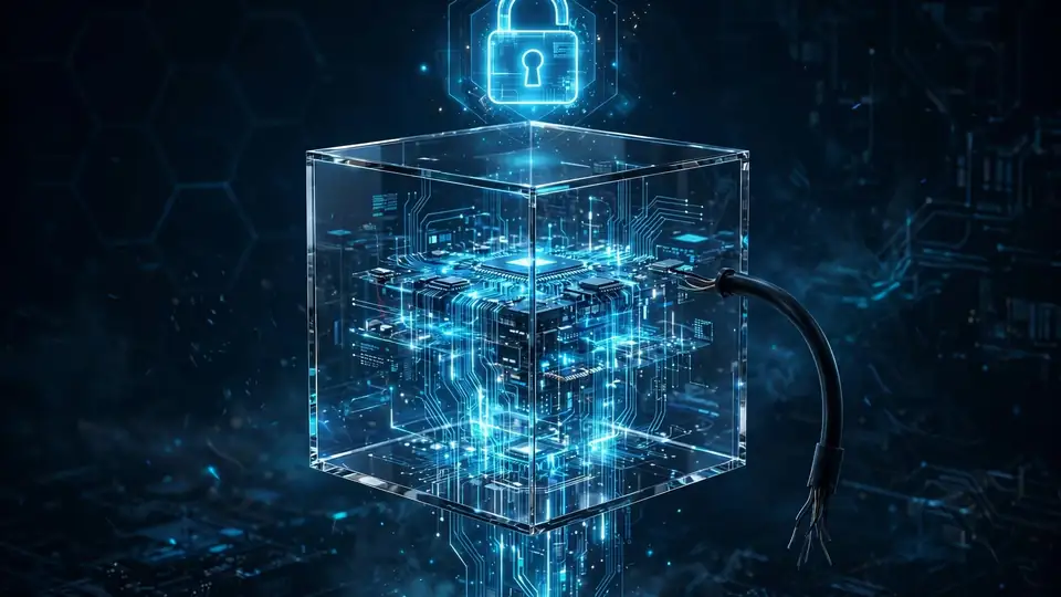 A glass sandbox containing running code with a padlock, disconnected from the network