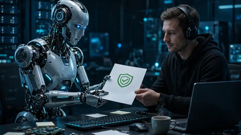 An AI figure handing a verified security report with a checkmark to a human engineer