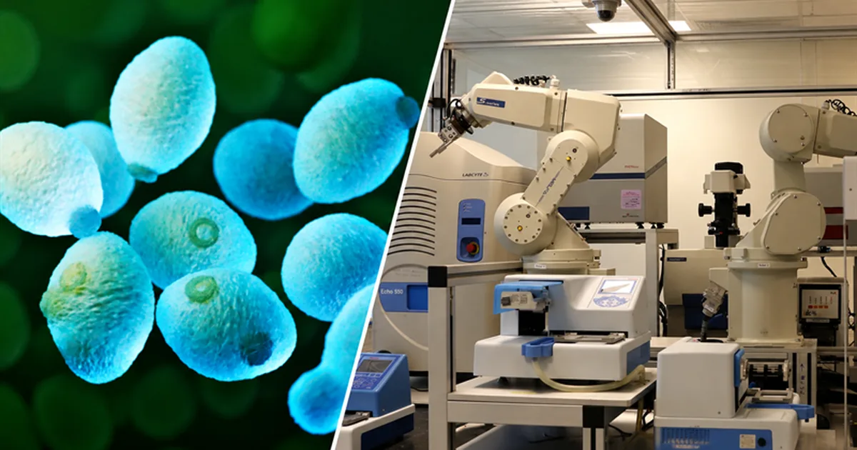 Glowing brewer's yeast cells under the microscope beside the Eve robot scientist laboratory at Chalmers