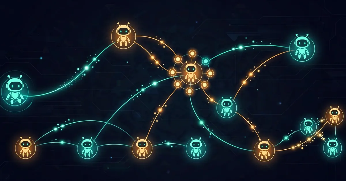 Glowing nodes connected by curved lines forming a function-call graph, with agent nodes passing values along the lines