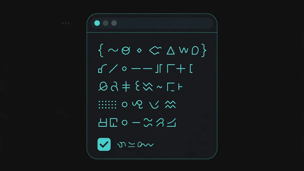 A terminal window with abstract code lines and a checkmark result