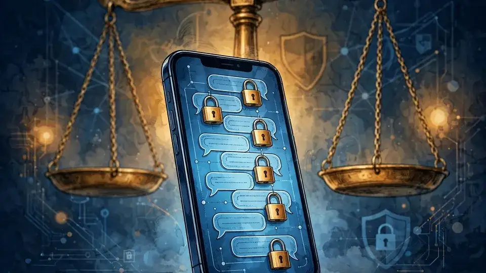 A smartphone showing chatbot conversations sealed by padlocks, with the scales of justice behind it