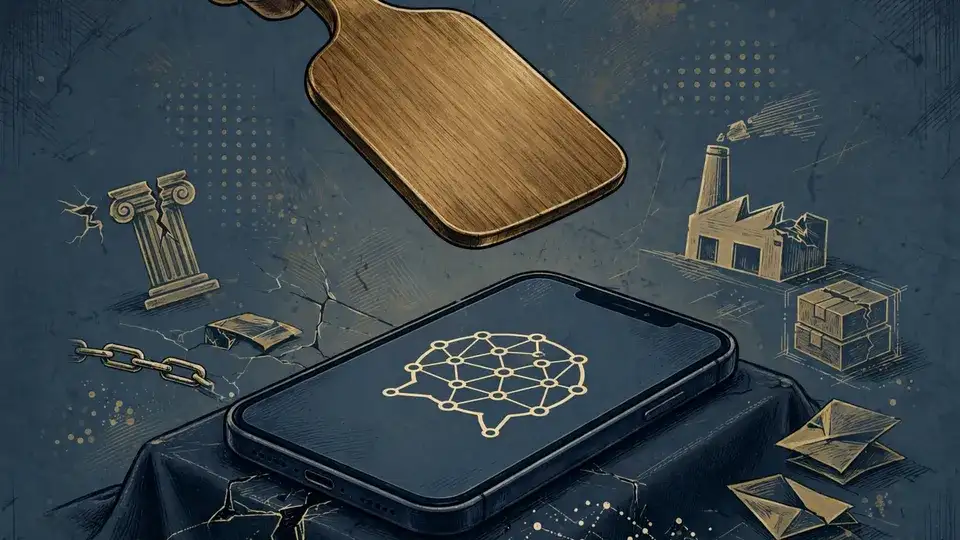An auctioneer's paddle raised over a smartphone with a chatbot icon