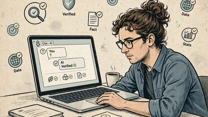 A voter researching political claims with an AI chatbot on a laptop, with verified-fact icons floating around the screen.