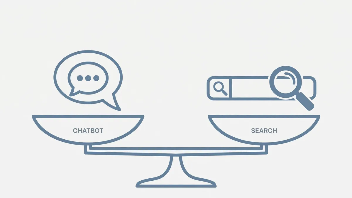 A balanced scale with a chatbot speech bubble on one side and a search bar on the other, both level.