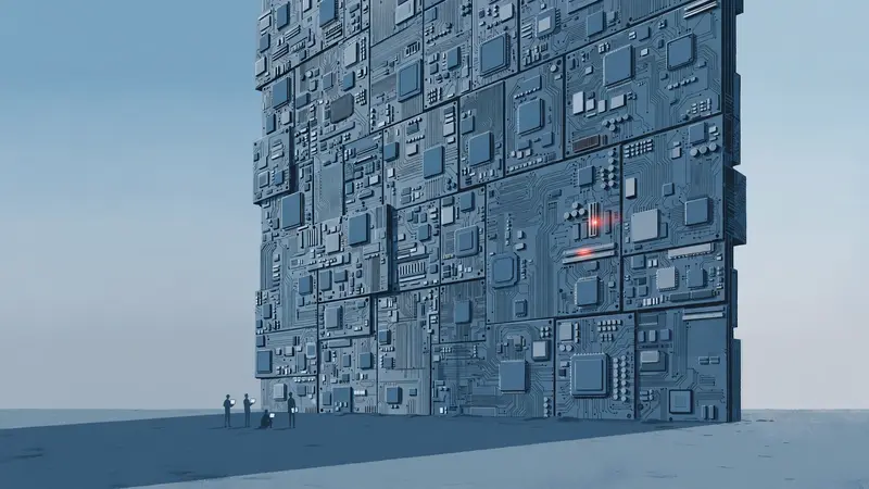 A wall of microchips and circuit boards under a gradient sky